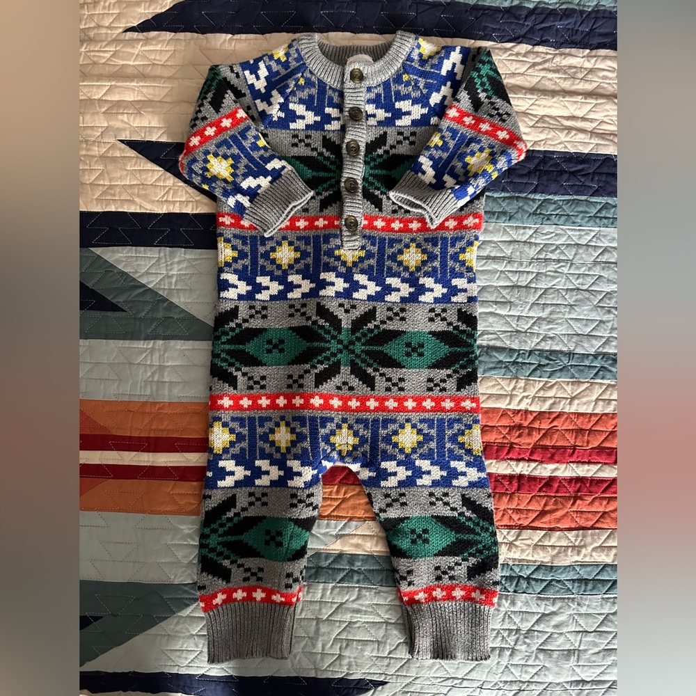 Hanna Andersson Colorful Winter Print Knit Baby Sweater Romper